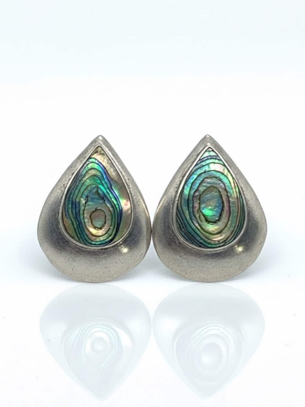 Vintage Modernist Sterling Silver Teardrop Abalone Shell Stud Earrings 7.73g